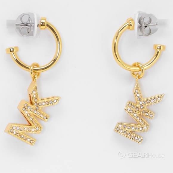 MICHAEL KORS MK Logo Yellow Gold Brass Drop Earrings Crystals MKJ8008710 +MK BOX - Picture 3 of 5